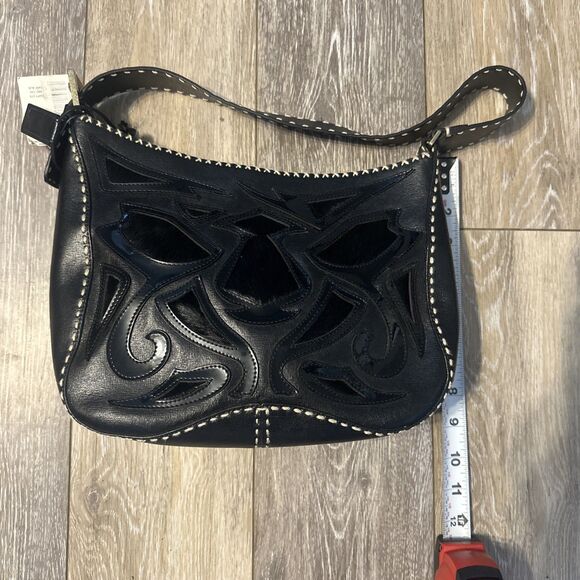 Antonio Melani Black Saffiano Leather Applique Rustic Shoulder Bag Calf Hair